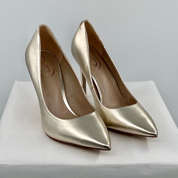 NWT NIB Sam Edelman Hazel Woman’s Gold Leather High Heeled Pointed Toe Pump - Picture 2 of 14